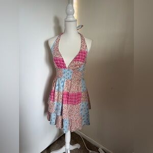 Beauty and Grace Patchwork Halter Summer Dress in Pink & Light Blue Size Small